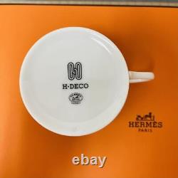 Hermes H Deco Tea Cup Saucer White Black Tableware 2 set Cafe Coffee Auth New