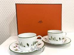 Hermes Mesclun Coffee Cup Saucer Tableware 2 set Tea Cafe White Green Auth New
