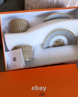 Hermes Mosaique Set Of 2 with Saucers. Brand New With Receipt