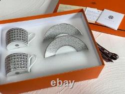 Hermes Mosaique Van Quatre Tea Coffee Cup & Saucer Pair Set Silver New