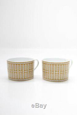 Hermes Mosaique au 24 Set of 2 Teacups Porcelain White Gold-Tone Painted