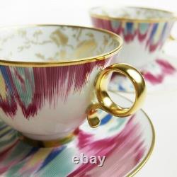 Hermes Voyage en Ikat Tea Cup Saucer Tableware 2 set Coffee Cafe Gold Auth New