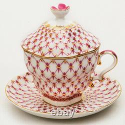 Imperial Porcelain Net-Blues Tea Cup withLid and Saucer, Pink Setka Blues, 8.5 fl oz