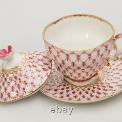 Imperial Porcelain Net-Blues Tea Cup withLid and Saucer, Pink Setka Blues, 8.5 fl oz