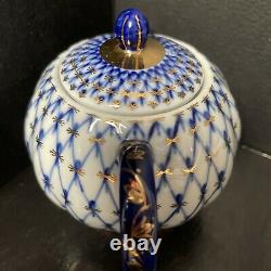 Imperial Porcelain Russian Lomonosov Cobalt Tea Pot 3 cup And Sugar Bowl Set
