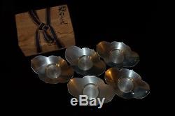 Japanese Tin Quince-shaped Tea cup tray set, Hata Zoroku made, w sign and stamps