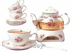 Jusalpha Fine China Flower Series Tea Cup Saucer Set with Teapot Warmer- Filter