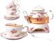 Jusalpha Fine China Flower Series Tea Sets-Tea Cup Saucer Set with Teapot Warmer