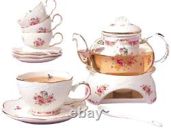 Jusalpha Fine China Flower Series Tea Sets-Tea Cup Saucer Set with Teapot Warmer