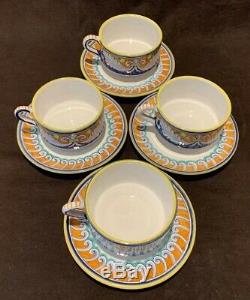 L'Antica Deruta Ghirlanda Italian Pottery Tea Cup & Saucers Set of4 Blue Orange
