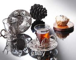 LaModaHome Turkish Arabic Tea Glasses Set of 6 with Holders and Saucers Fan