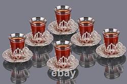 LaModaHome Turkish Arabic Tea Glasses Set of 6 with Holders and Saucers Fan