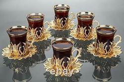 LaModaHome Turkish Arabic Tea Glasses Set of 6 with Saucers and Holders Fan