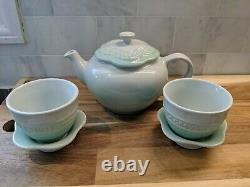Le creuset flower tea pot teacup saucer set with stoneware filter icy green