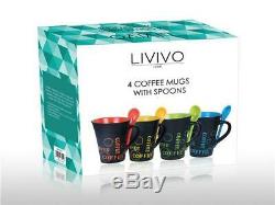 Livivo 4 X Coffee Mug W Spoon Tea Set Drink Latte Cups Ceramic Kitchen Espresso