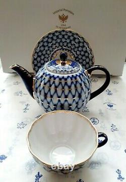 Lomonosov Porcelain Teapot, Cup and Saucer Cobalt Net 22k G. Tea set Egoist. NEW