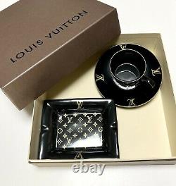 Louis Vuitton Monogram Black Square Ashtray & Tea Cup Set Unused Vintage withBox
