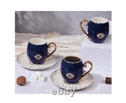 Luxury Bone China Teacup Set of 6 Cups + Saucers Evil Eye Design (Blue on White)