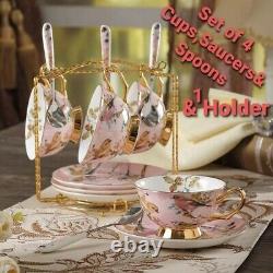 Luxury Set of 4 HQ Porcelain Ceramic Floral Tea Cups, Saucers, Spoons+ Holder