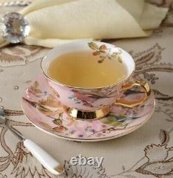 Luxury Set of 4 HQ Porcelain Ceramic Floral Tea Cups, Saucers, Spoons+ Holder