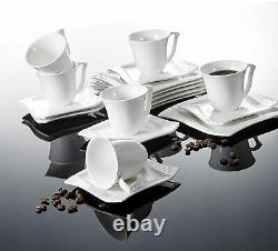 MALACASA Amparo Square White Porcelain Dinner Set Tea Cups Saucers Service Plate