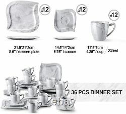 MALACASA Elvira 36pc Cup & Saucer with Grey Dessert Plates Tea Coffee Set 7.5OZ