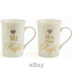 Mad Dots Set Of 2 Mr Mrs Right Ceramic Mugs Anniversary Gift Coffee Tea Cups New