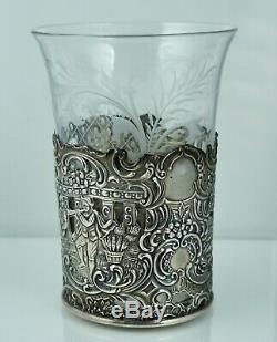 Mauser Antique Sterling Renaissance Repousse Etched Crystal Tea Glass Cup Set