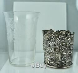 Mauser Antique Sterling Renaissance Repousse Etched Crystal Tea Glass Cup Set