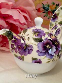 Maxwell Williams Cream Pansy Tea For One Set Teapot Tea Cup Saucer Purple Pansie