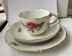 Meissen Hand Painted Pink Rose & Gold Tea Cup & Saucer & Dessert Plate Set