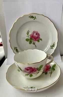 Meissen Hand Painted Pink Rose & Gold Tea Cup & Saucer & Dessert Plate Set