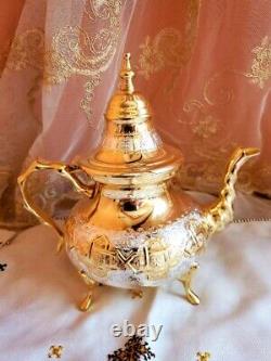 Moroccan Handmade Golden Tea Set Large TeaPot, Tea Tray, Set Of 6 Tea Cups NEW
