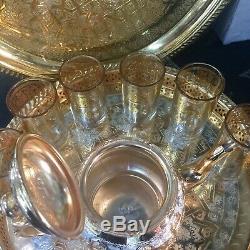 Moroccan Handmade Golden Tea Set TeaPot, Tea Tray, Set Of 6Tea Cups And Sugar Bowl