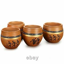 Mud Brown Handpainted Terracotta Clay Kullad Tea Cups Set Of 4 220 ML, 3.3x 2.9