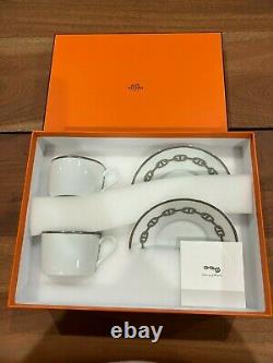 NIB Anthentic Hermes Chaine d'Ancre platinum tea cup and saucer 2 sets
