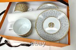 New HERMES Porcelain Tea Cup & Saucer Set Mosaique Au 24 Gold 2 Cups 2 Saucers