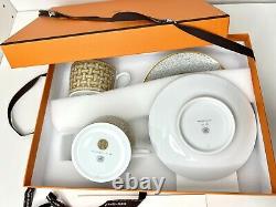 New HERMES Porcelain Tea Cup & Saucer Set Mosaique Au 24 Gold 2 Cups 2 Saucers