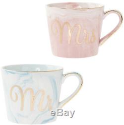 New Set Of 2 Mr & Mrs Coffee Tea Mug Marble & Gold Set Wedding Gift Cup Kitchen