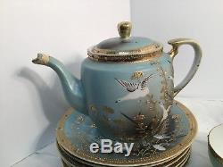 Nippon China Tea Set Gold Jeweled Enamel Flying Swan Turquoise Cup Saucer