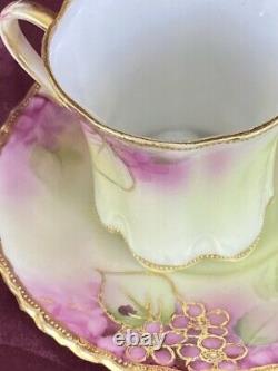 Nippon Chocolate Pot & Teacup Saucer Hand Painted Flowers Moriage Beaded Set/4