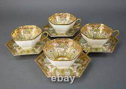 Nippon Hand Painted Embellished Gold Moriage Floral Tea Cups Saucers Rare Set 4