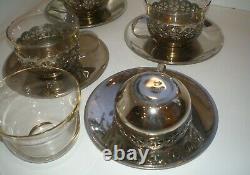 Old 4 Cup Holder Glass Nickel Tea Set Original Bowl Saucer Original Kitchen Gift