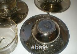 Old 4 Cup Holder Glass Nickel Tea Set Original Bowl Saucer Original Kitchen Gift