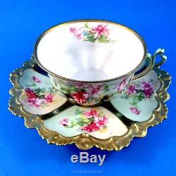 Old Ornate Handle with Heavy Gold and Floral MZ Austria Tea Cup and Saucer Set