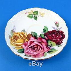 Ornate Shape Large Cabbage Roses Aynsley Tea Cup and Saucer Set