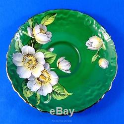 Ornate Textured Emerald Green with White Blossoms Aynsley Tea Cup and Saucer Set