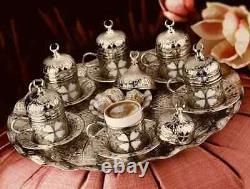 Ottoman Turkish Silver Tea Coffee Saucers Cups Sugar Bowl Tray Set 6 Persons