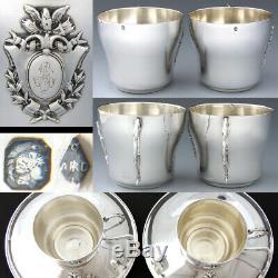 PAIR of Antique French Sterling Silver Tea Cup & Saucer Set, 4pc, Empire Style