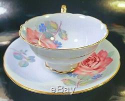 PARAGON Cabbage Rose Baby Blue Teacup & Saucer Set Vintage Antique RARE England